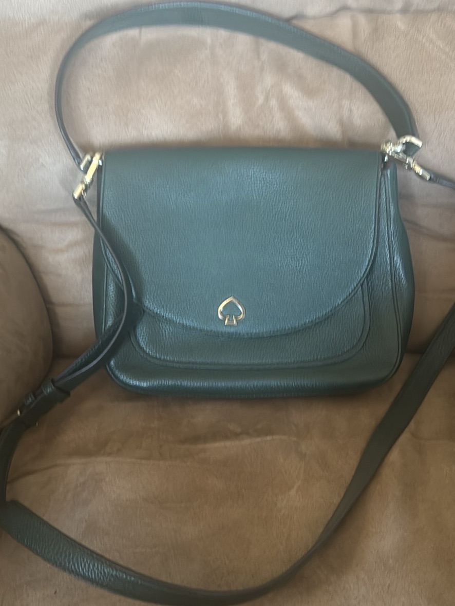 Kate Spade Dark Green Leather Shoulder Bag With Gold Spade Logo